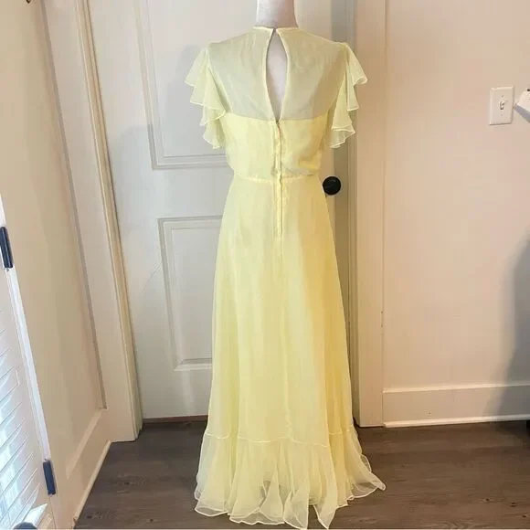 70s Jack Bryan Pale Butter Yellow Chiffon Evening Maxi Dress Size small - Picture 4 of 9